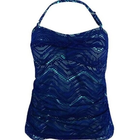 Island Escape Women's Swimsuit Top Size 14 Twist Bandini Crochet Navy Aqua NWT - Picture 2 of 9